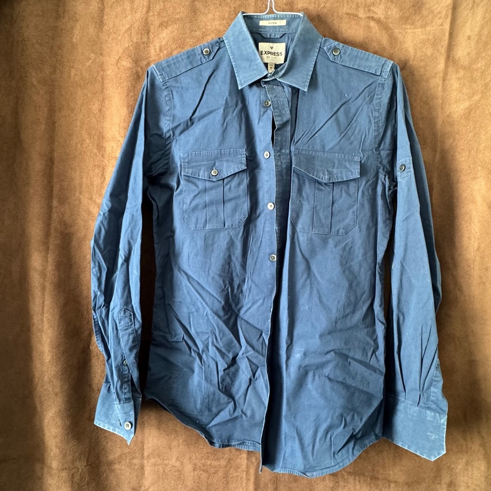 Express MK2 Military Shirt Mens‎ Medium Fitted Navy Blue Long Sleeve Epaulettes